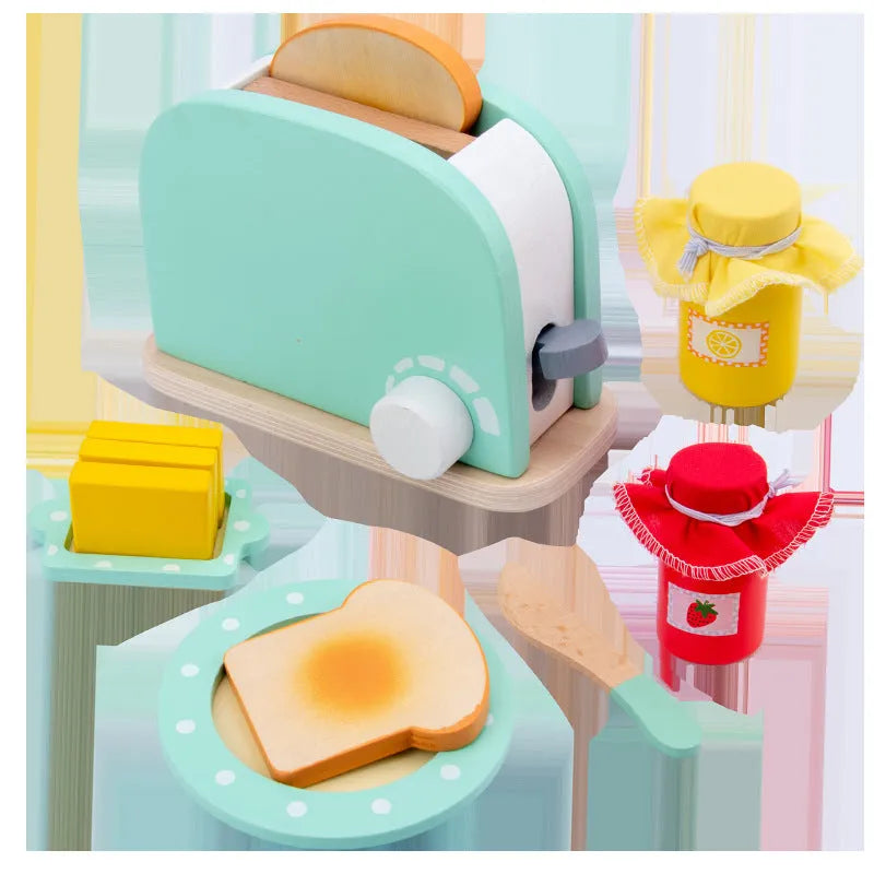 Wooden simulation play house set with blender, bread machine, coffee machine, juicer, and microwave oven in colour box