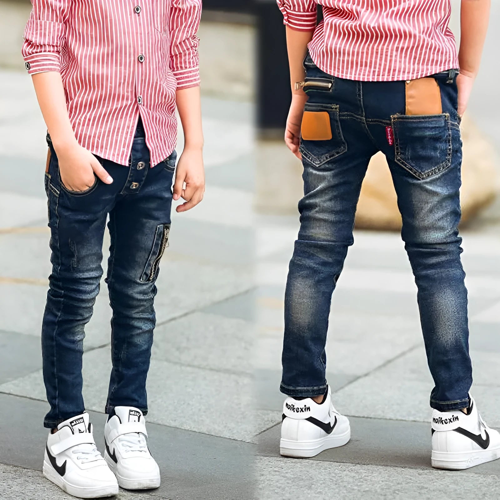 Boy wearing dark blue stretch denim jeans with zipper pockets, size chart shown