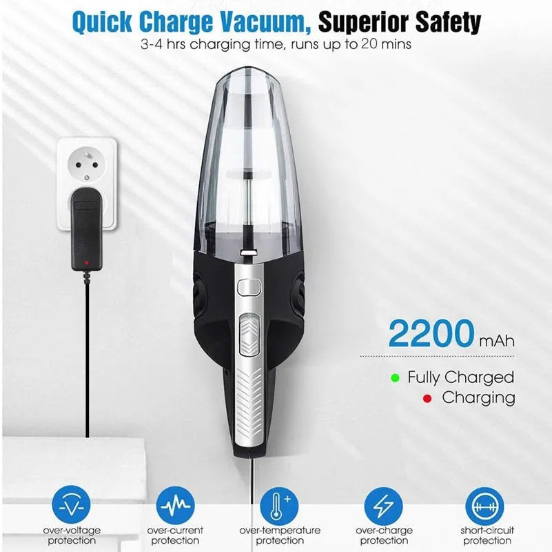 Black cordless handheld car vacuum with crevice nozzle and dust brush on grey background