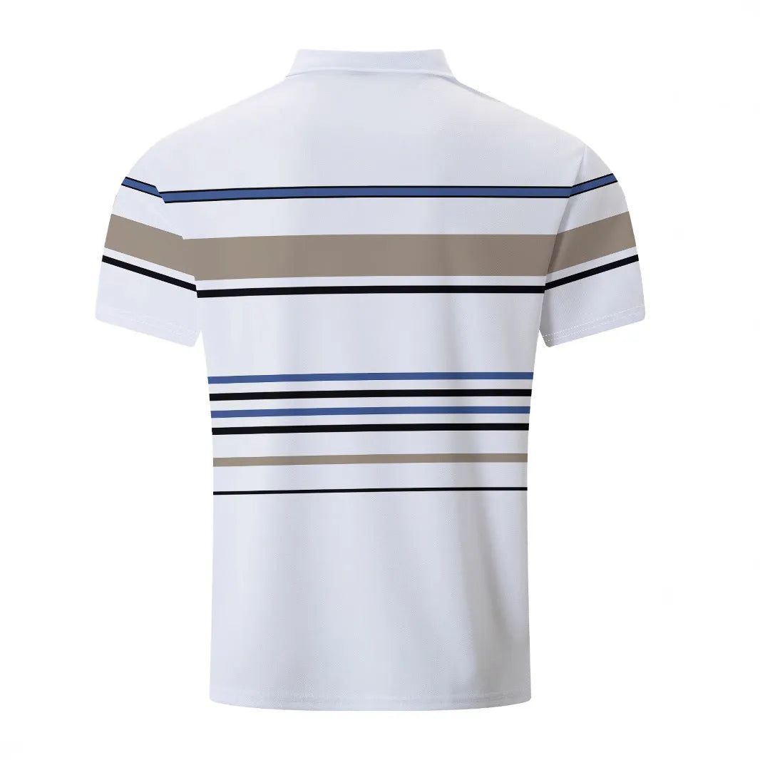 Men's white striped short sleeve T-shirt on hanger showing business casual style