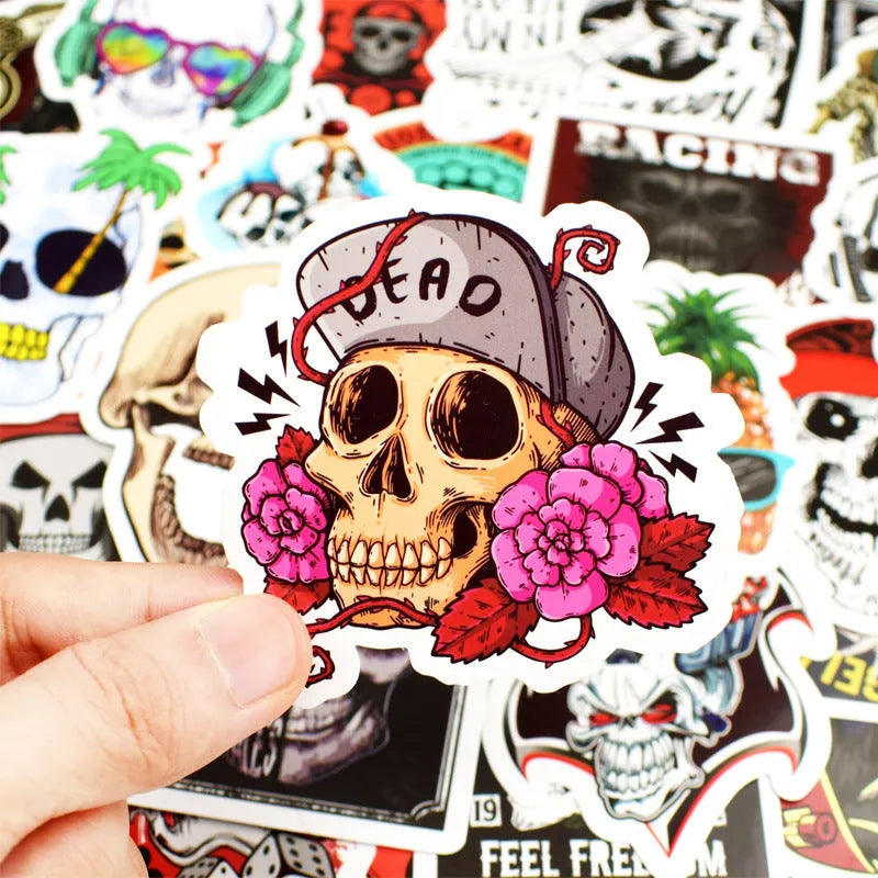 Skull head doodle sticker set of 50 machine-cut PVC waterproof decals in assorted sizes