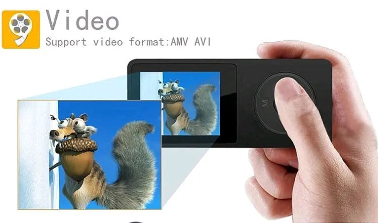 Compact black MP4 player with a 1.8-inch colour screen, showing a music playlist interface.