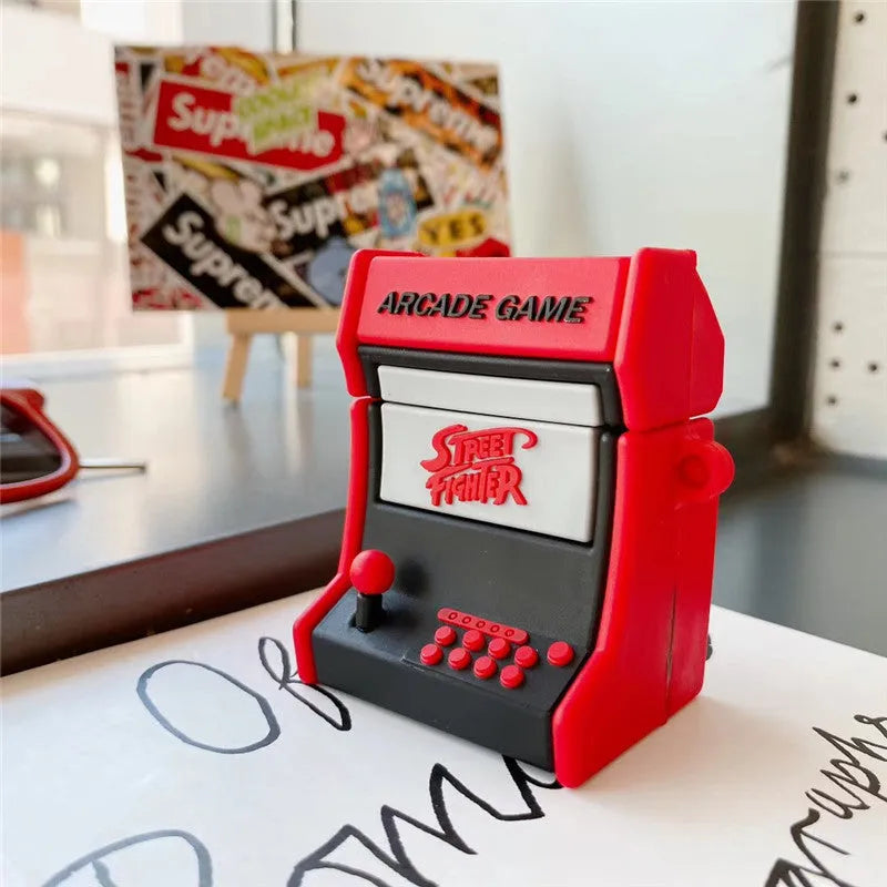 Red arcade game console silicone protective case on Airpods charging case