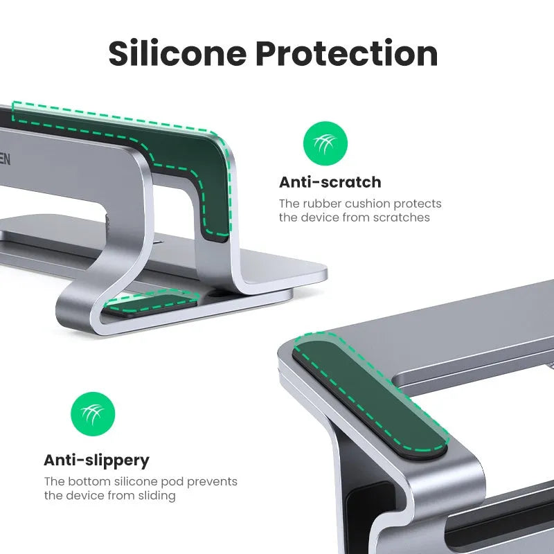 Silver aluminium laptop cooling stand with hollow design and width adjustment mechanism