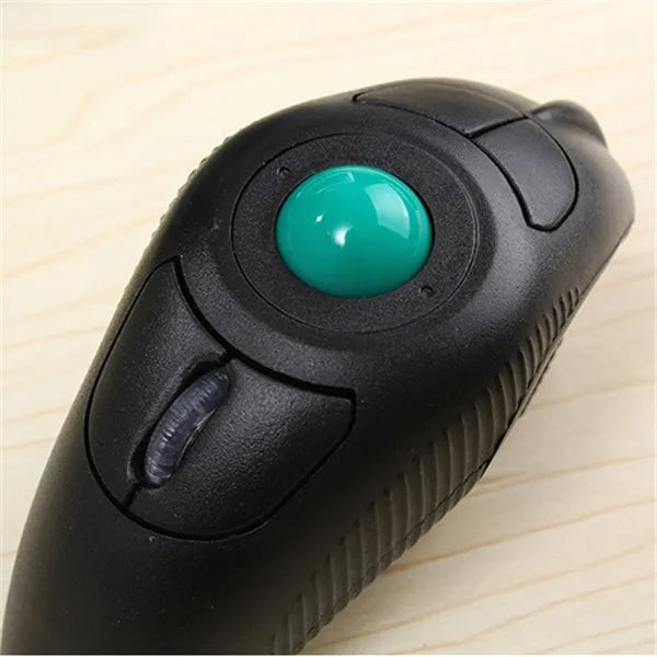 Black wireless trackball mouse with six buttons and ergonomic design