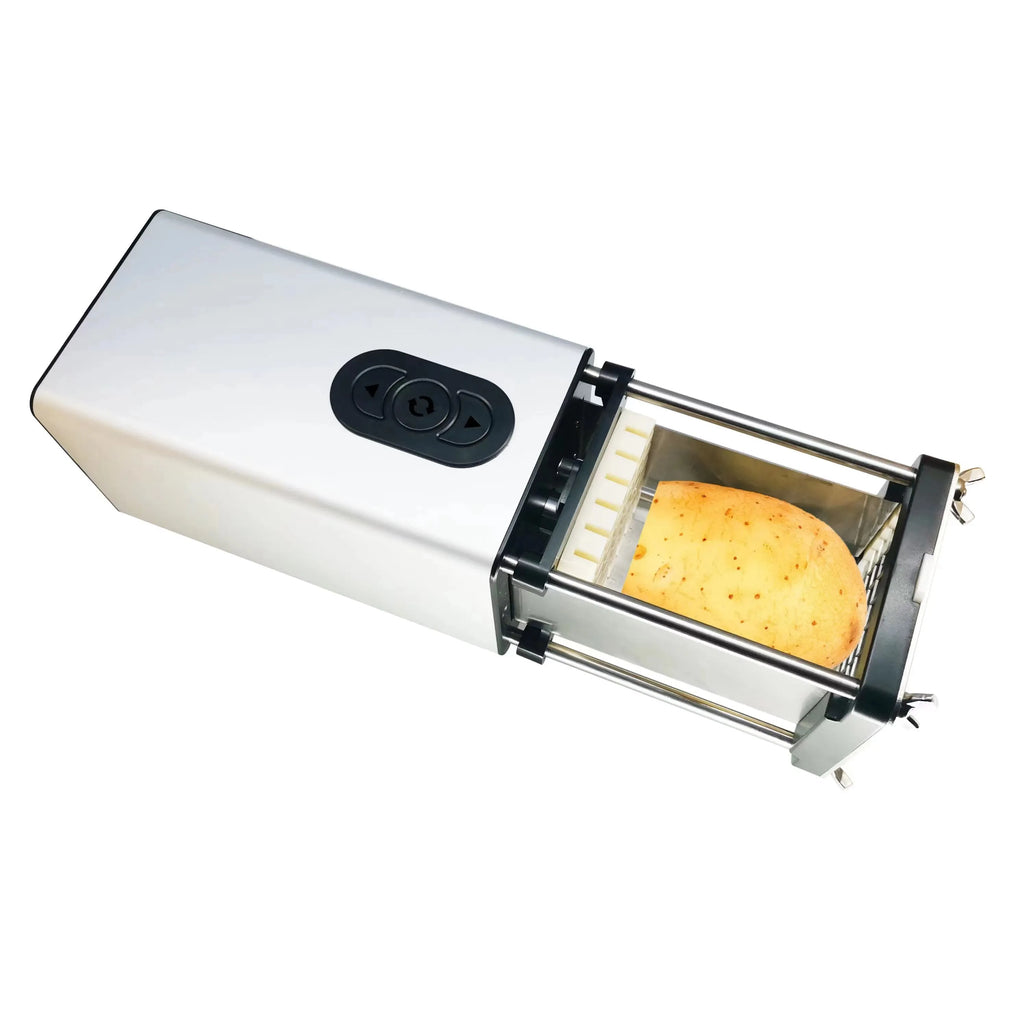 Black electric French fry cutter machine with stainless steel blades on a countertop.