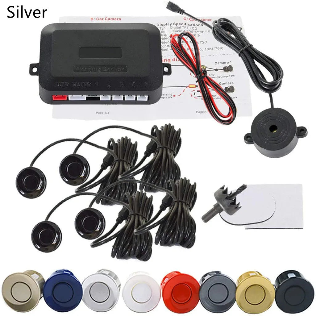 Car LED crescent buzzer parking sensor with four probes in black silver and white for 12V vehicles