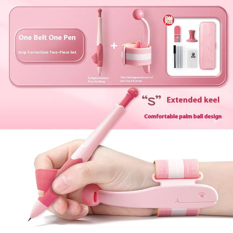 Blue anti-hook pen control corrector wrist brace on a child's hand holding a pencil.