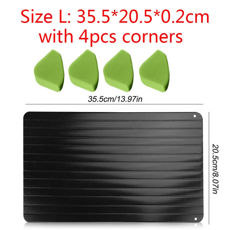 Black aluminium defrosting tray for thawing frozen meat without microwave