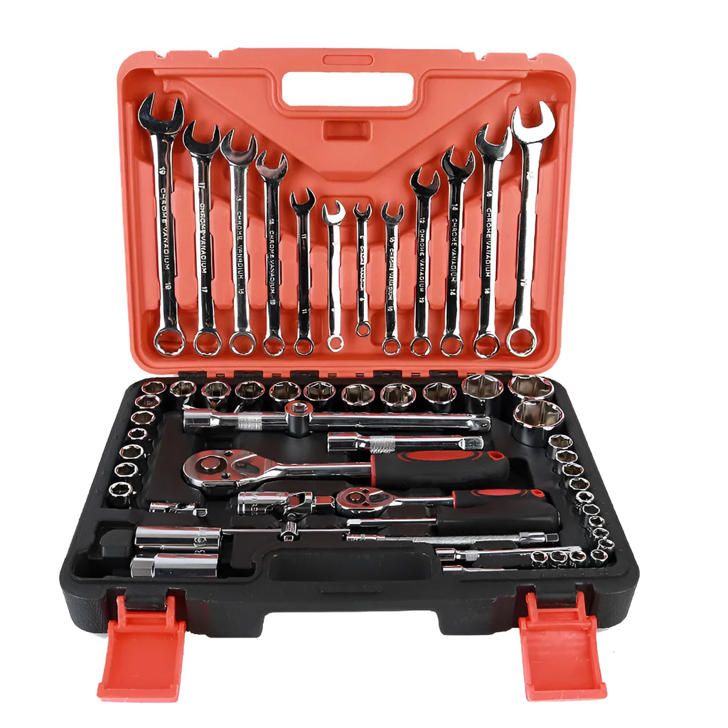 61-piece chrome vanadium steel auto repair socket and wrench set organised in a box