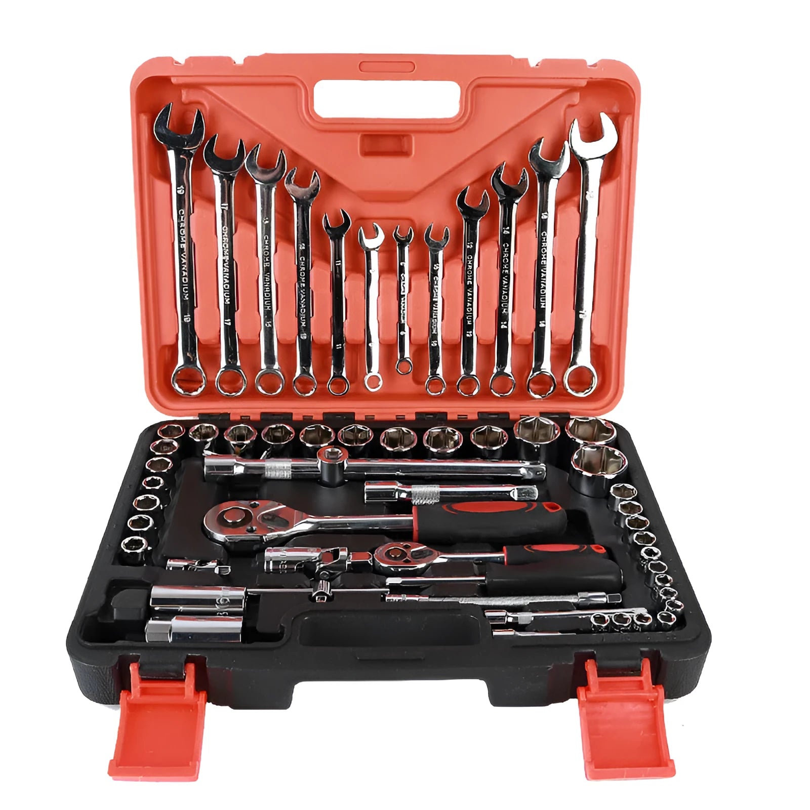 61-piece chrome vanadium steel auto repair socket and wrench set organised in a box