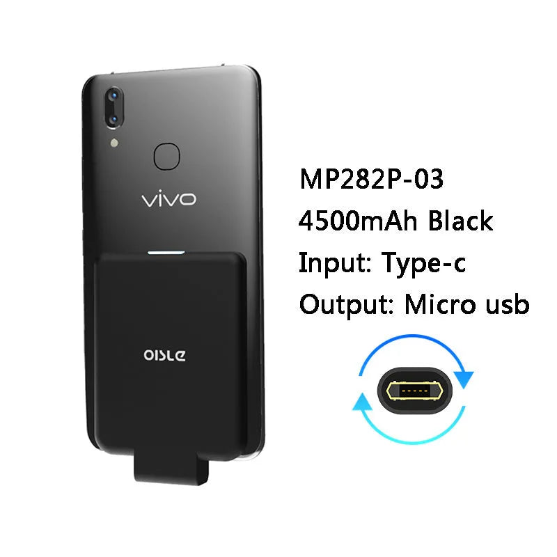 Slim 4500mAh back clip battery for iPhone Android Type-C phones in black, white, blue, pink, red