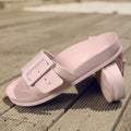 Women's grey blue EVA buckle slipper with a 1.5cm thick sole and adjustable strap.