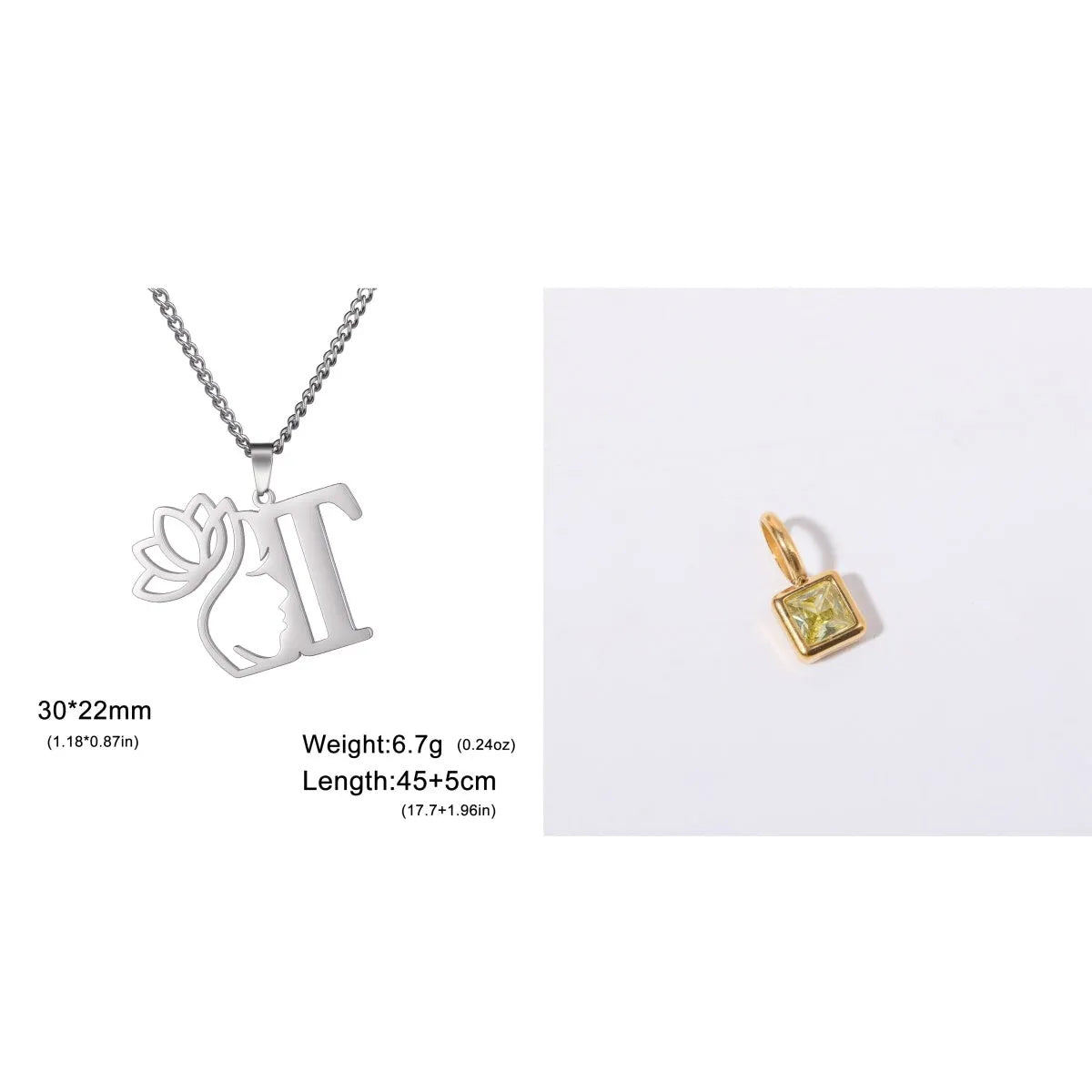 Gold electroplated stainless steel necklace with a cross chain and a letter 'A' pendant on a white background.