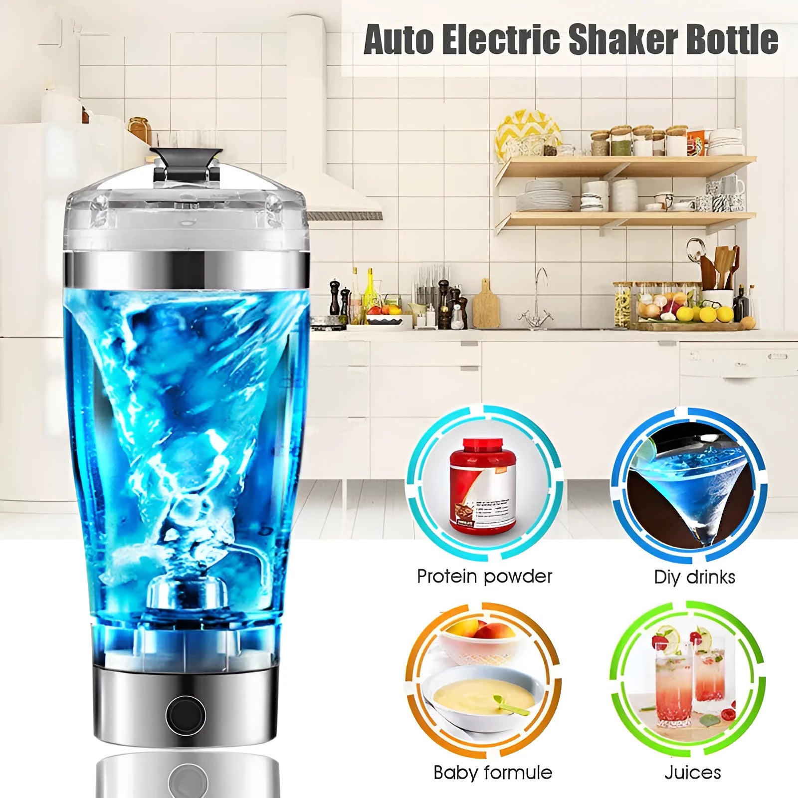 Stainless steel colour USB rechargeable electric shaker bottle with 600ml capacity.