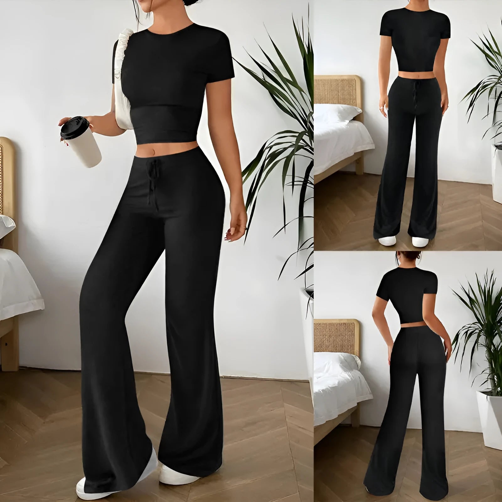 Black high waist trousers and regular sleeve T-shirt co-ordinated suit set.