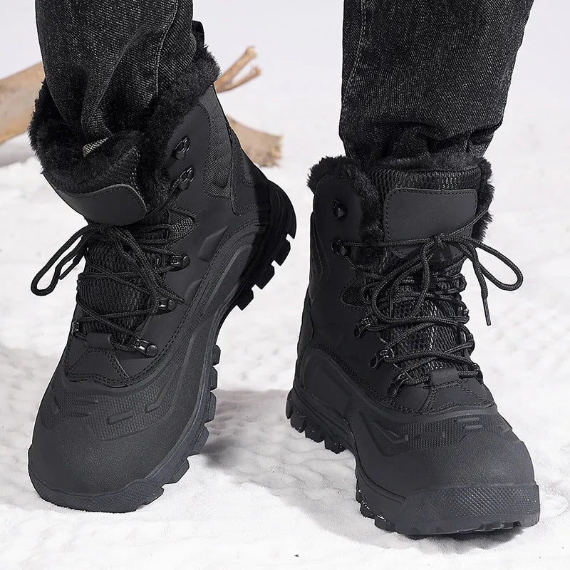 Men's black high-top lace-up boots with fleece lining and flat TPR sole