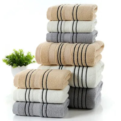 Pure cotton household towel set showing hand towels and bath towel in neutral colour options