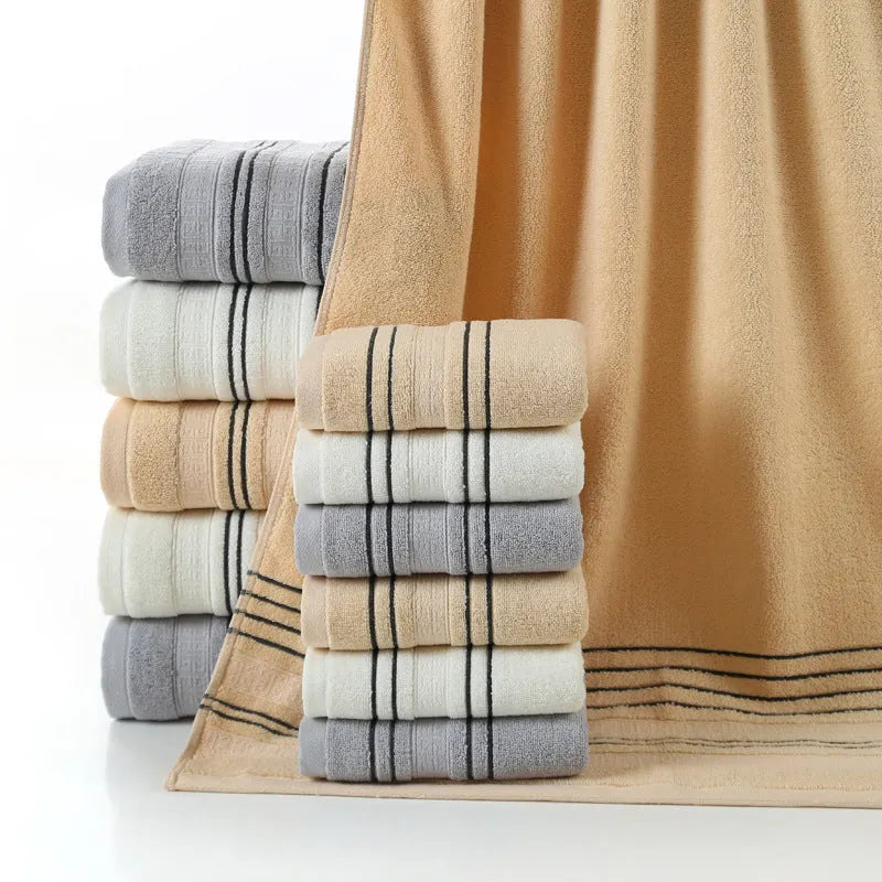 Pure cotton household towel set showing hand towels and bath towel in neutral colour options