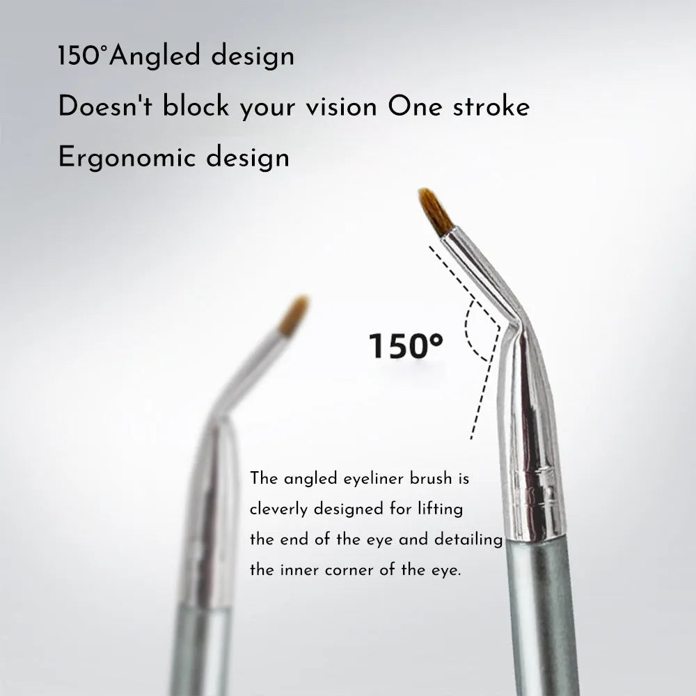 Angled bend head eyeliner brush with fine synthetic bristles and wooden handle for detail makeup.