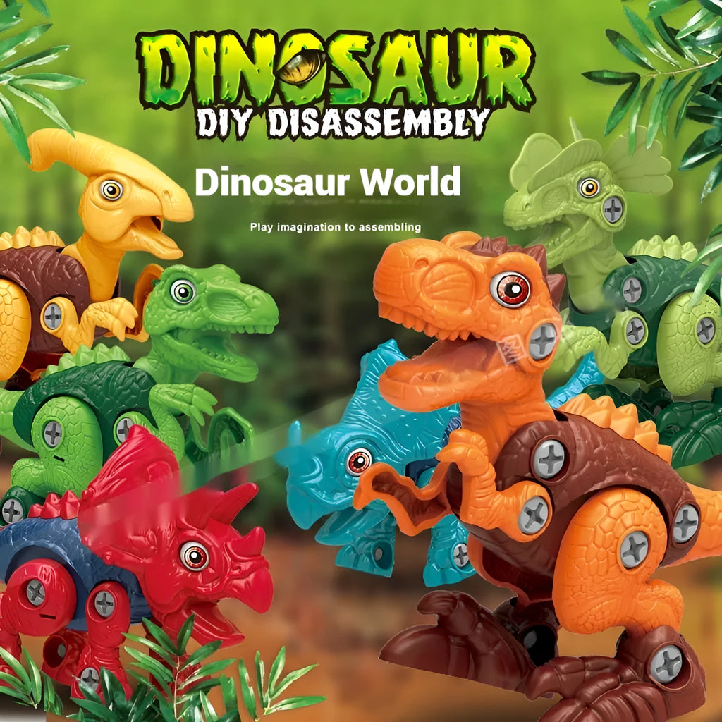 Children DIY plastic dinosaur building blocks set with Tyrannosaurus, Parasaurolophus, Triceratops, and Dilophosaurus in colour box