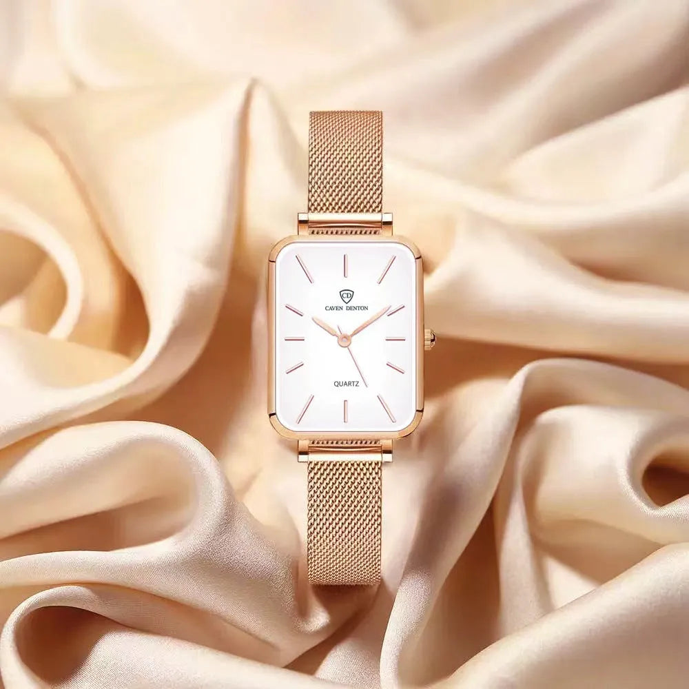 Women's rose gold waterproof quartz watch with alloy case and woven steel strap.