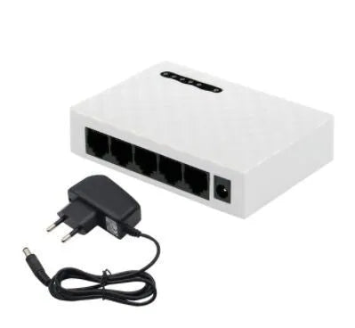 5-port Gigabit Ethernet switch in black with LED lights and RJ45 ports on front panel