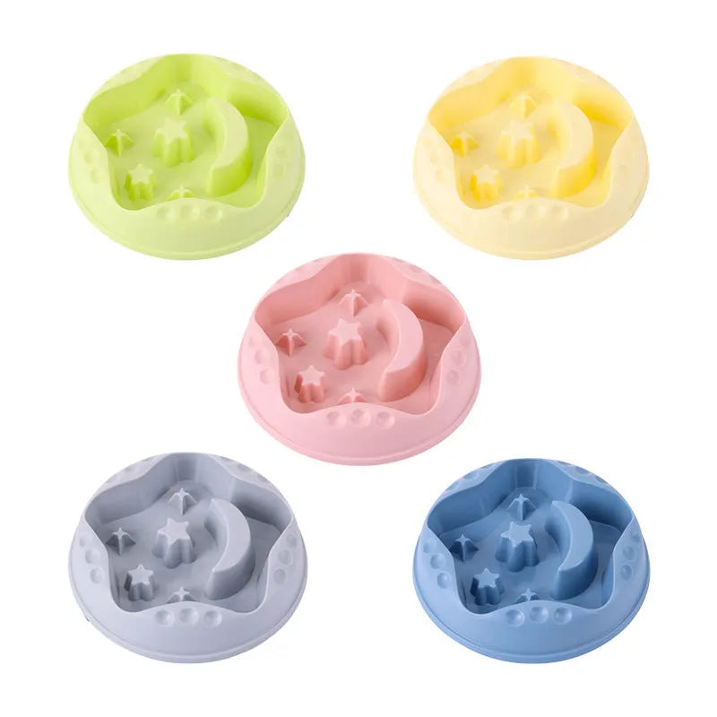 Moon star wings design slow feeder dog bowl in blue with non-slip base and internal ridges.