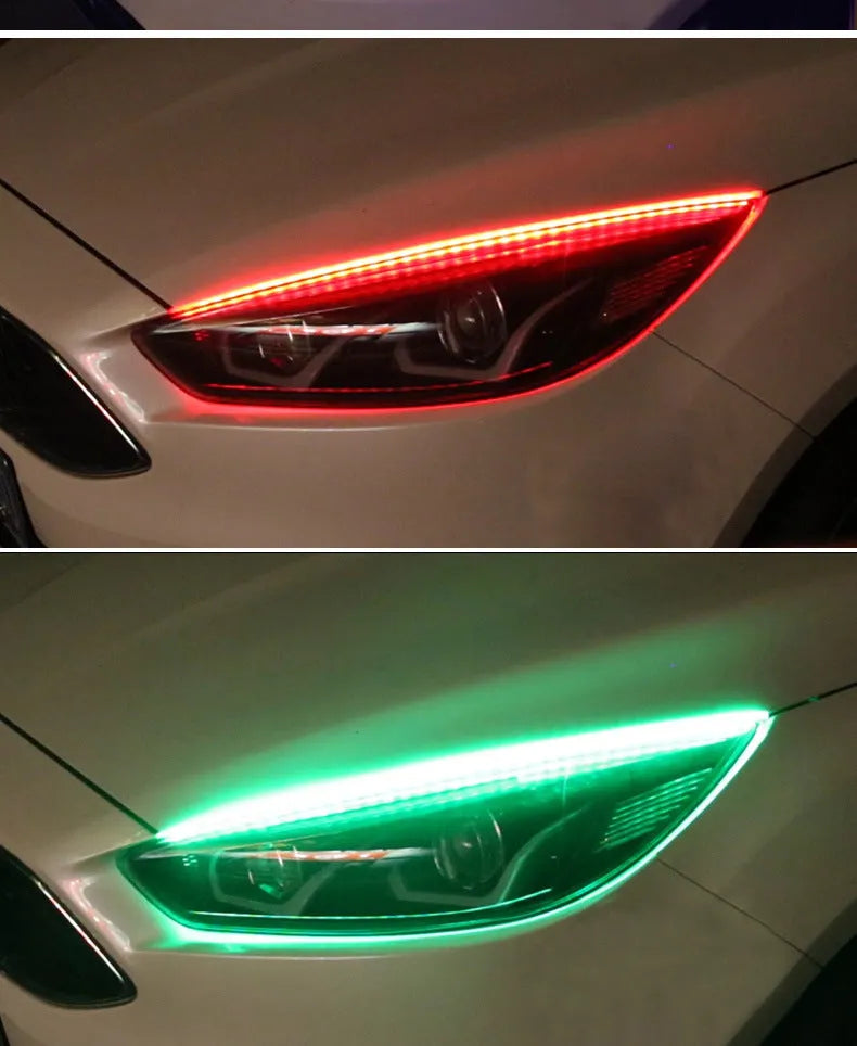 RGB colour-changing LED daytime running light strip with remote control, shown in 30cm, 45cm, and 60cm size options.