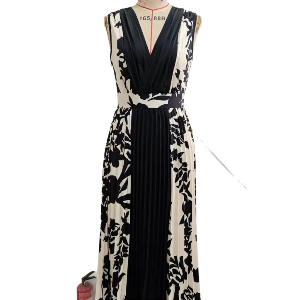 Sleeveless floral print colour-block midi dress with V-neck and high waist, in black polyester