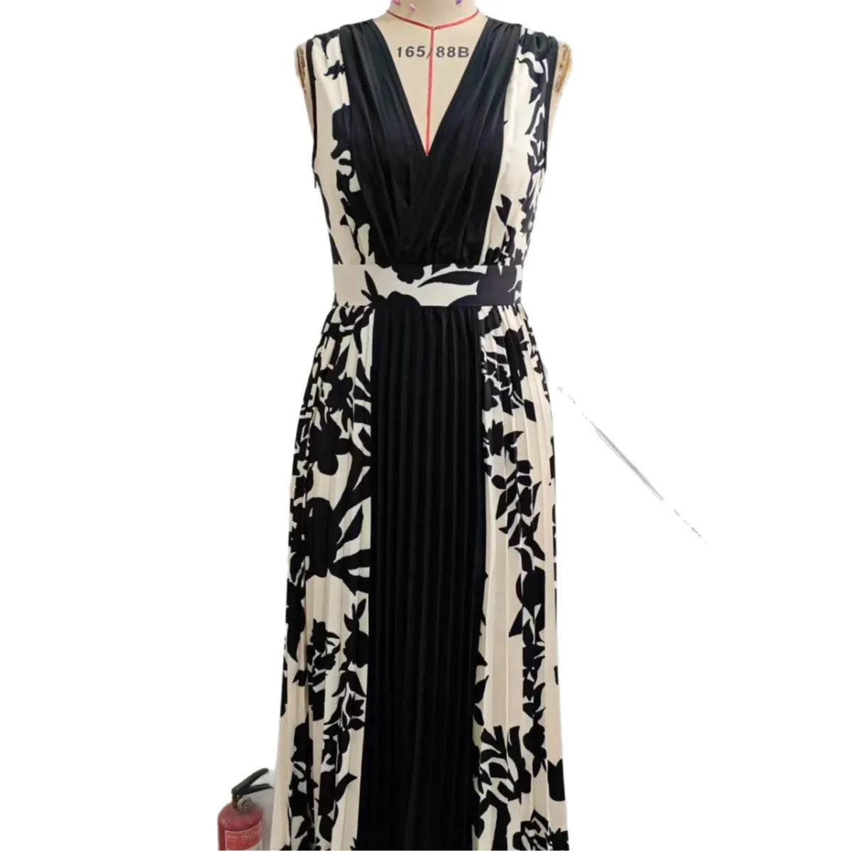 Sleeveless floral print colour-block midi dress with V-neck and high waist, in black polyester