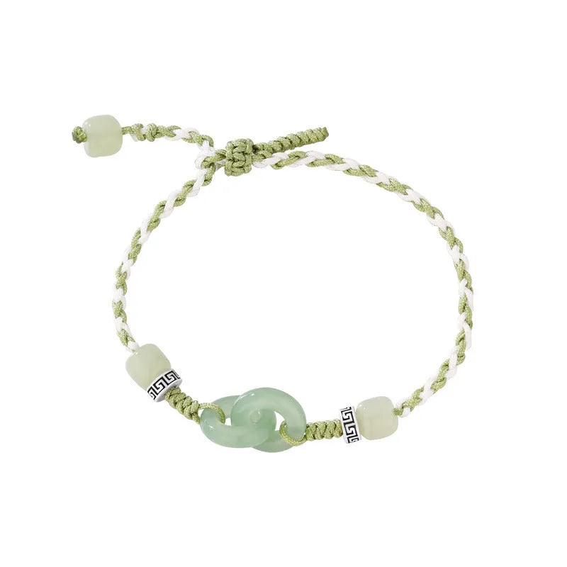 Jade green double ring women's bracelet with peace buckle weaving on copper base