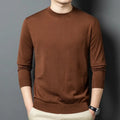 Men's round neck wool and mulberry silk blend pullover sweater in a dark grey colour.