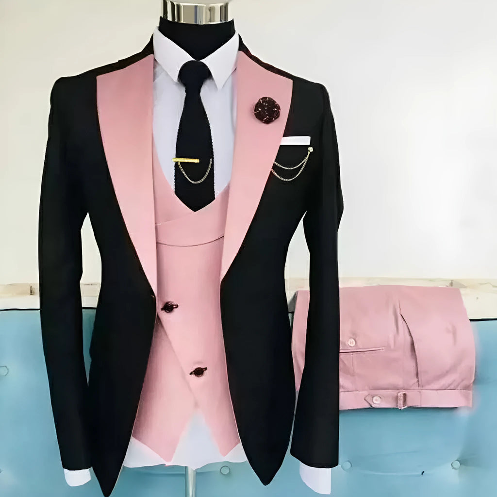 Men's black slim fit three-piece business suit with coat, vest, and trousers on a hanger.