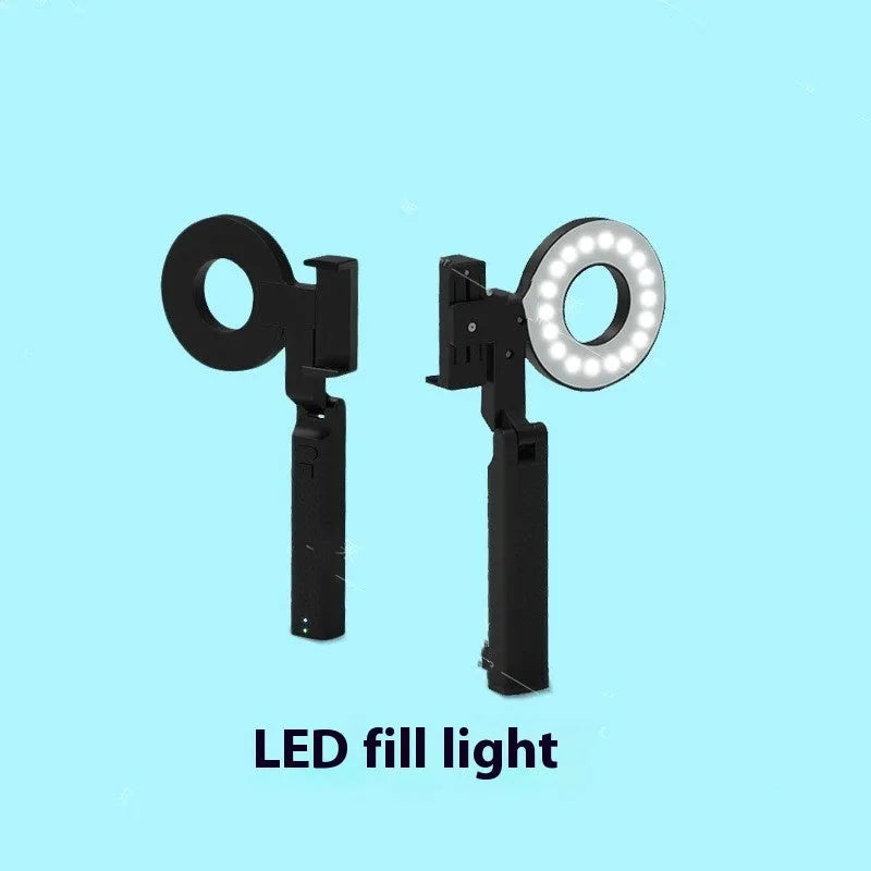 Black handheld LED fill light for mobile phone photography with adjustable brightness control