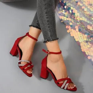 Women's black ankle-strap high heel sandals with square toe and buckle closure