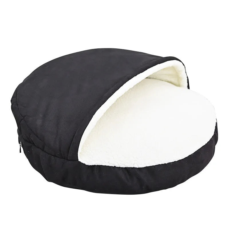 Brown cloth dog kennel with removable washable cover, shown next to a grey version.