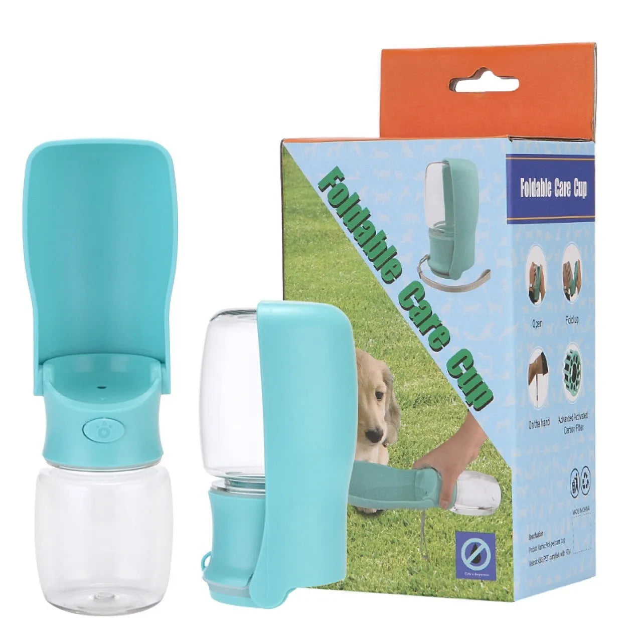 Blue foldable plastic dog water bottle with extended drinking bowl for outdoor use.