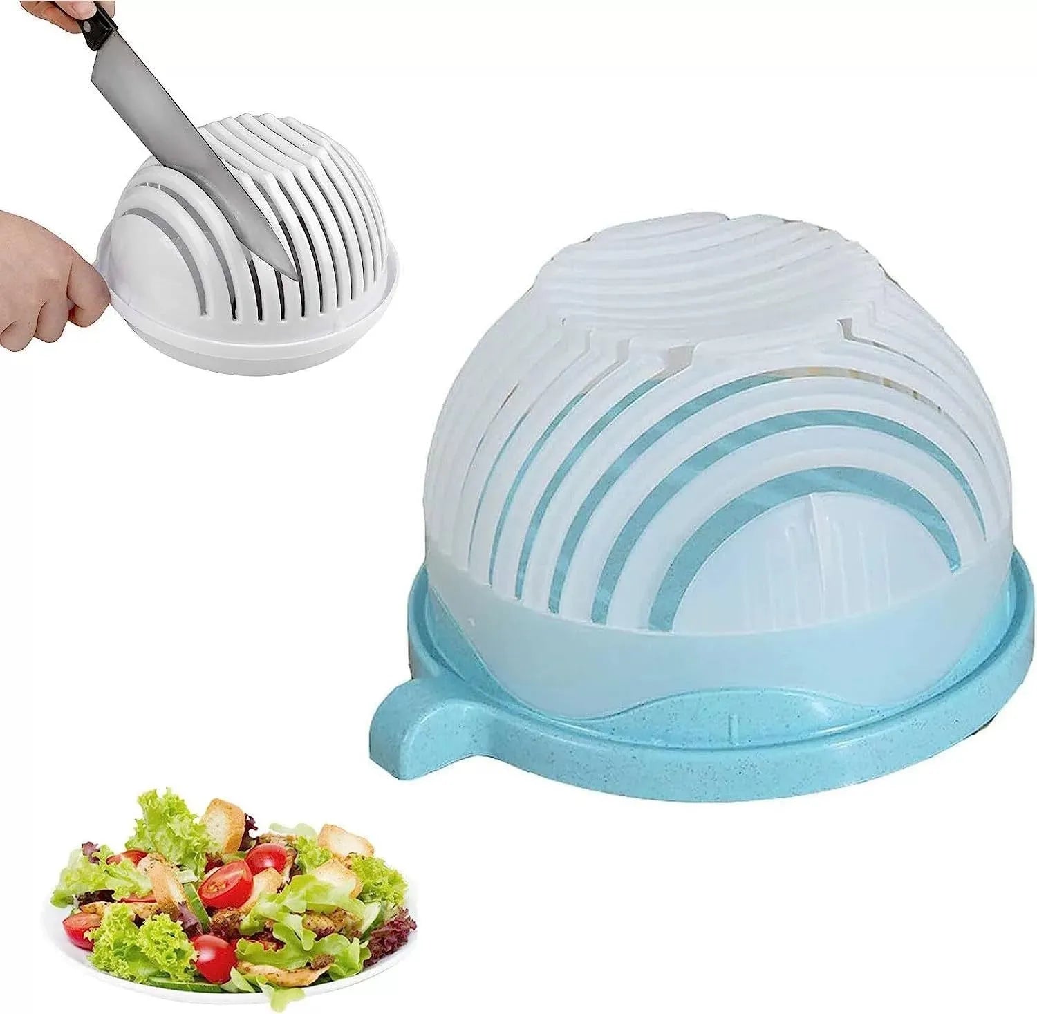 Blue salad cutter bowl showing removable cutting lid placed on a base with a raised rim.