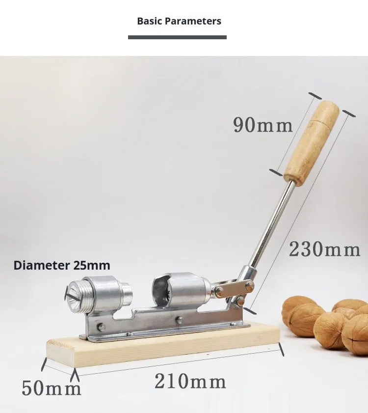 Mechanical walnut cracker with wood handle and aluminium parts, hand-crank design