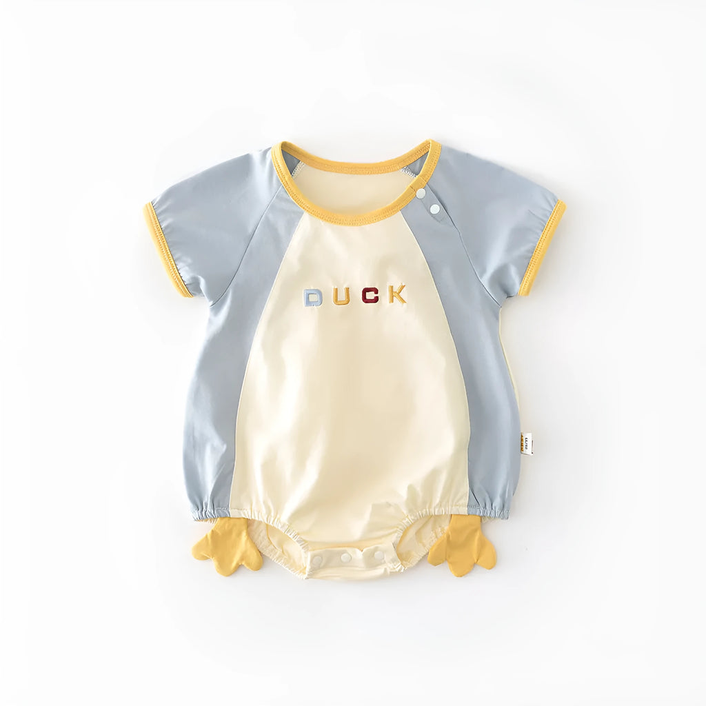 Newborn contrast colour short-sleeved romper triangle jumpsuit cotton blend beige and blue duck