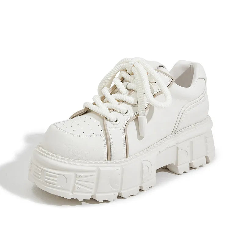 Beige leather casual shoes with thick rubber foam soles for height increase