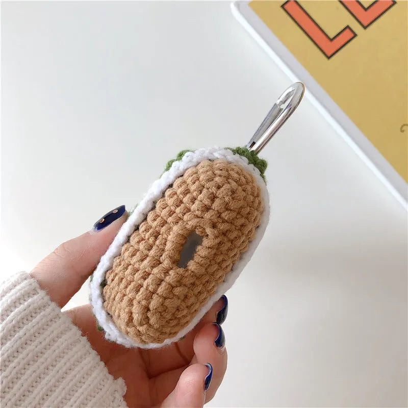 Green knitted Christmas tree Bluetooth headset case for Apple AirPods with hook, flip-style lid