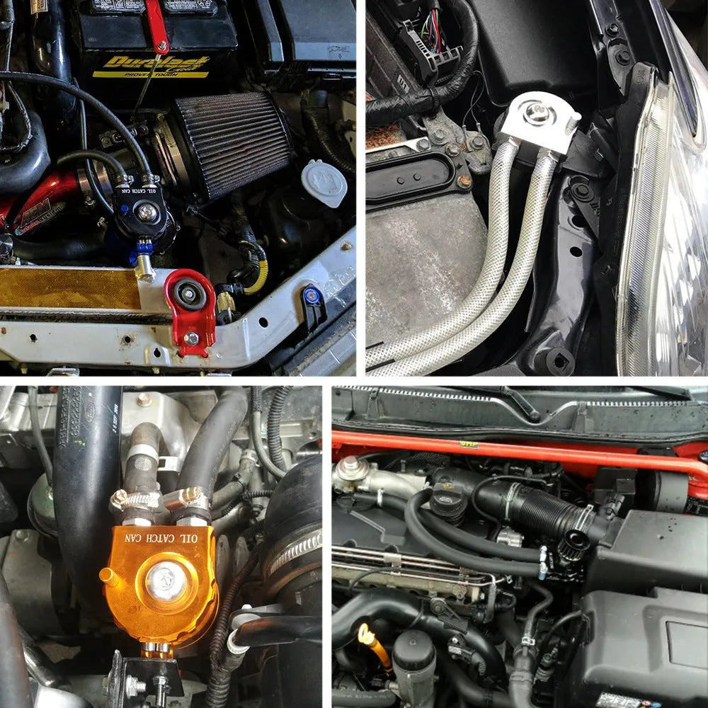 Aluminium alloy car engine oil breathable pot in red, blue, black, and silver colour options.
