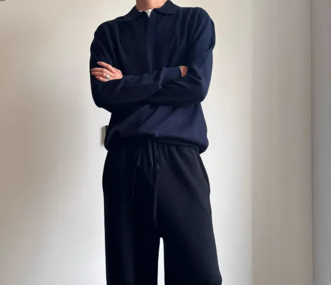 Man's pure wool polo sweater with a lapel collar in loose fit, shown in Milky White colour.