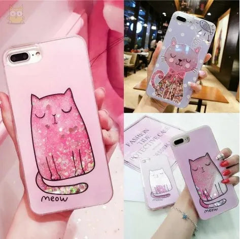 Set of four glittery cat-themed phone cases for iPhone models 6 through to X.