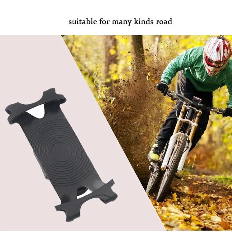 Black silicone bicycle phone holder mounted on handlebars showing three-hole adjustable bracket