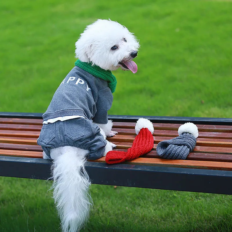 Wool pet scarf for cats and dogs in green, grey, and red, sizes M and XL