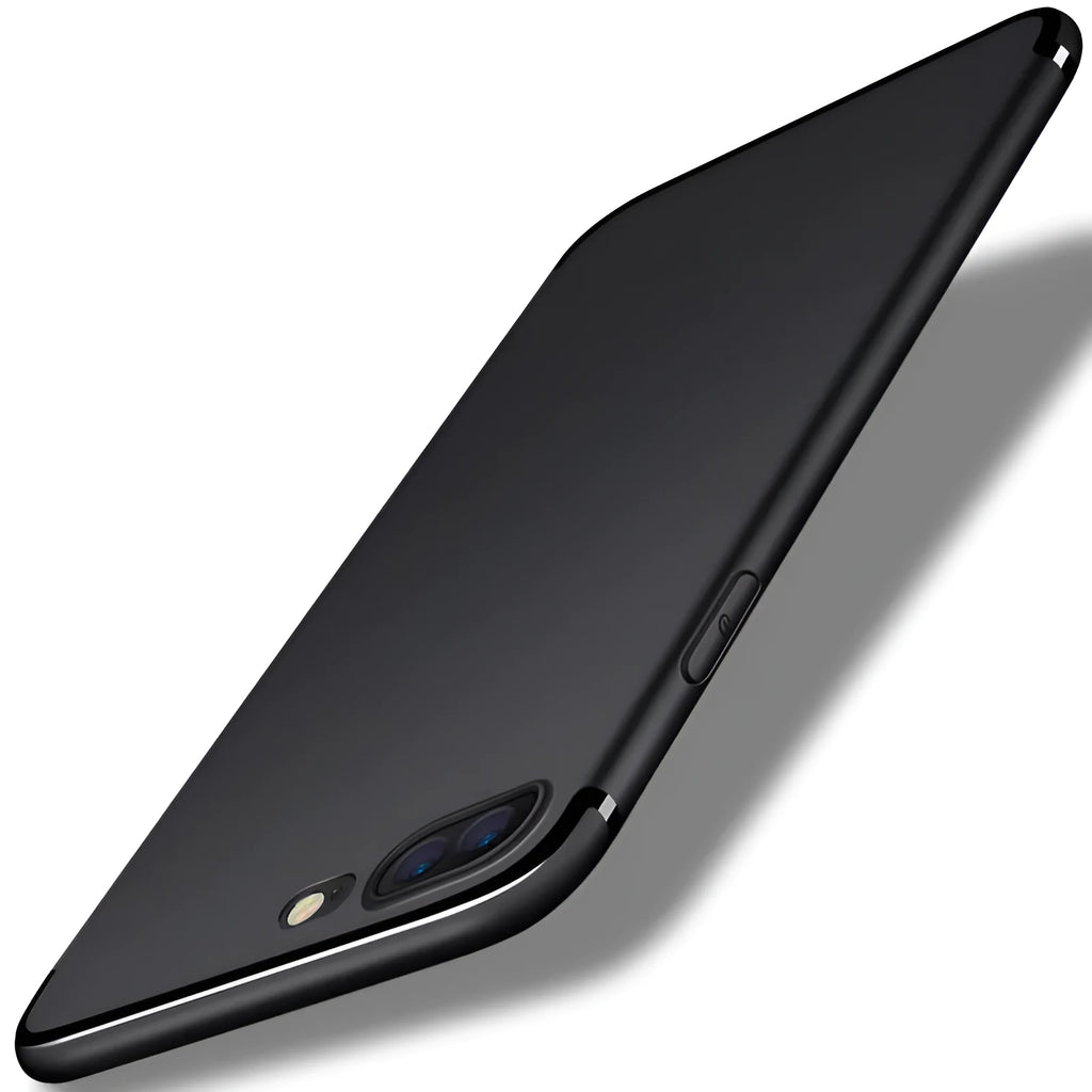 Flexible TPU silicone phone case for iPhone, shown in black, blue, red, and white colour options.