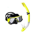 Black diving mask with anti-fog lens, PC frame, silicone strap, and silicone mouthpiece.